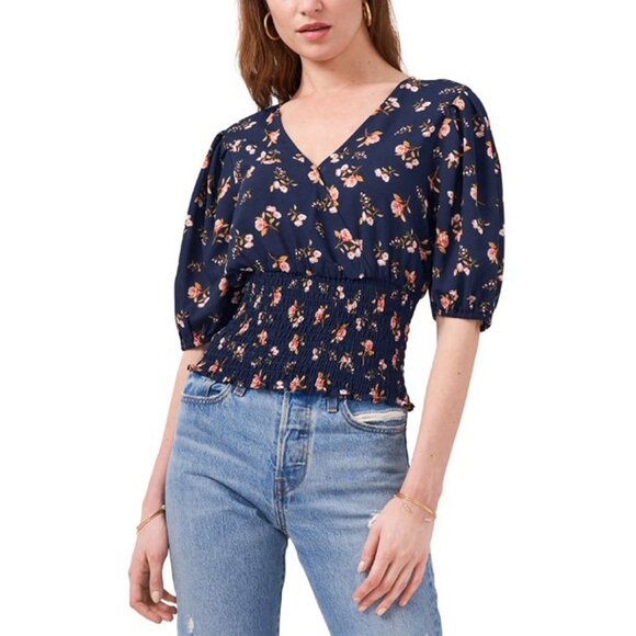 1. State Tops - 1.STATE Womens Blouse Sz Medium Navy Blue Floral Smocked Faux Wrap Puff Sleeves